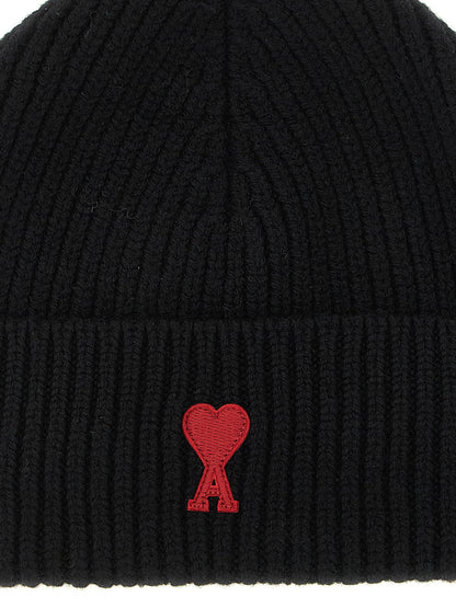 Beanie Hat by Ami Paris for unisex in merino wool black & red features a athleisure-luxe silhouette, artfully capturing the essence of the athleisure-luxe Merino Wool Beanie Hat design for a sophisticated look.