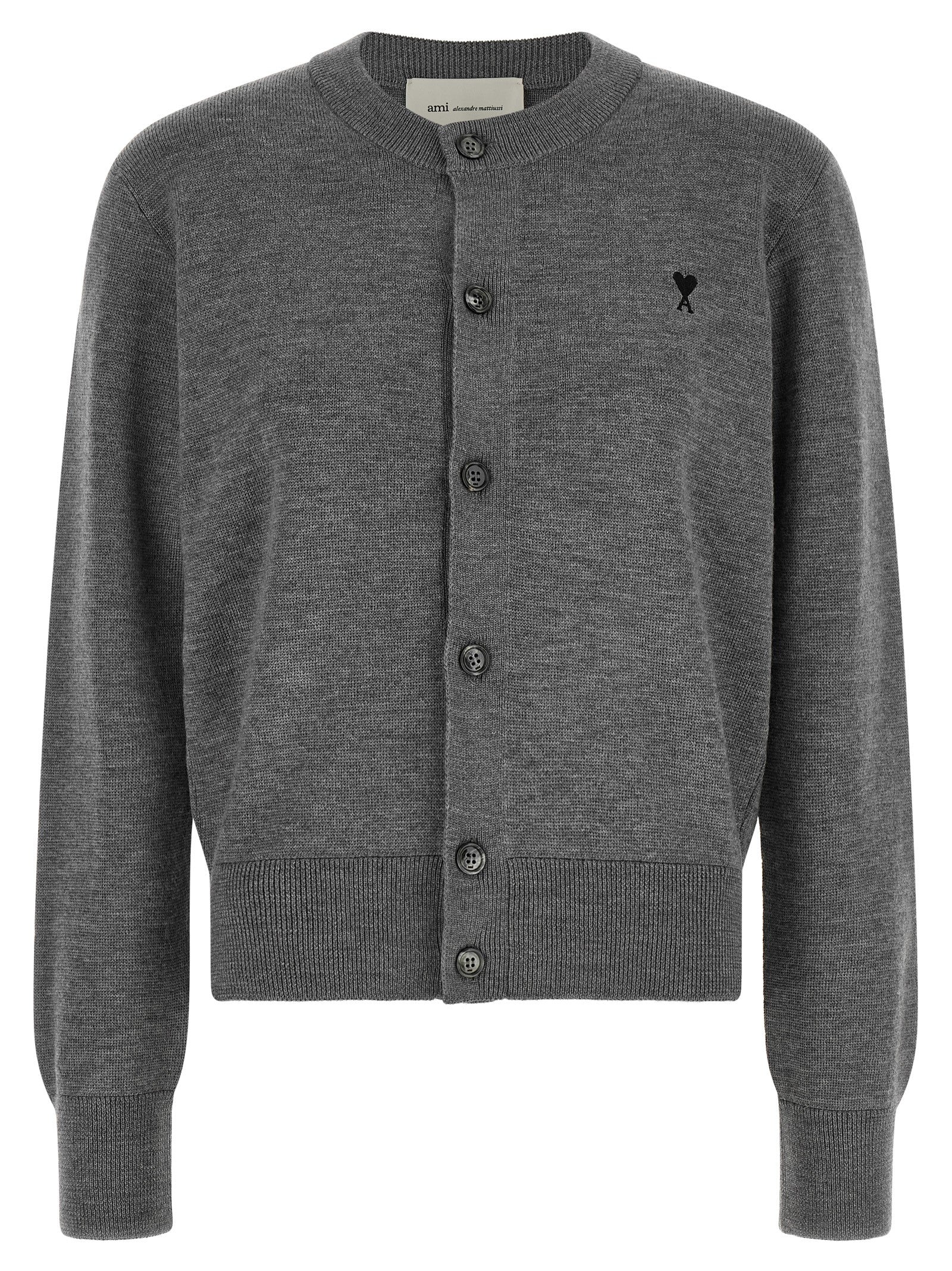Cardigan by Ami Paris for women in wool black, gray & patterned features an impeccable silhouette, showcasing a sophisticated crew neckline and detail for a truly impeccable finish.