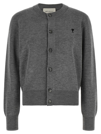 Cardigan by Ami Paris for women in wool black, gray & patterned features an impeccable silhouette, showcasing a sophisticated crew neckline and detail for a truly impeccable finish.