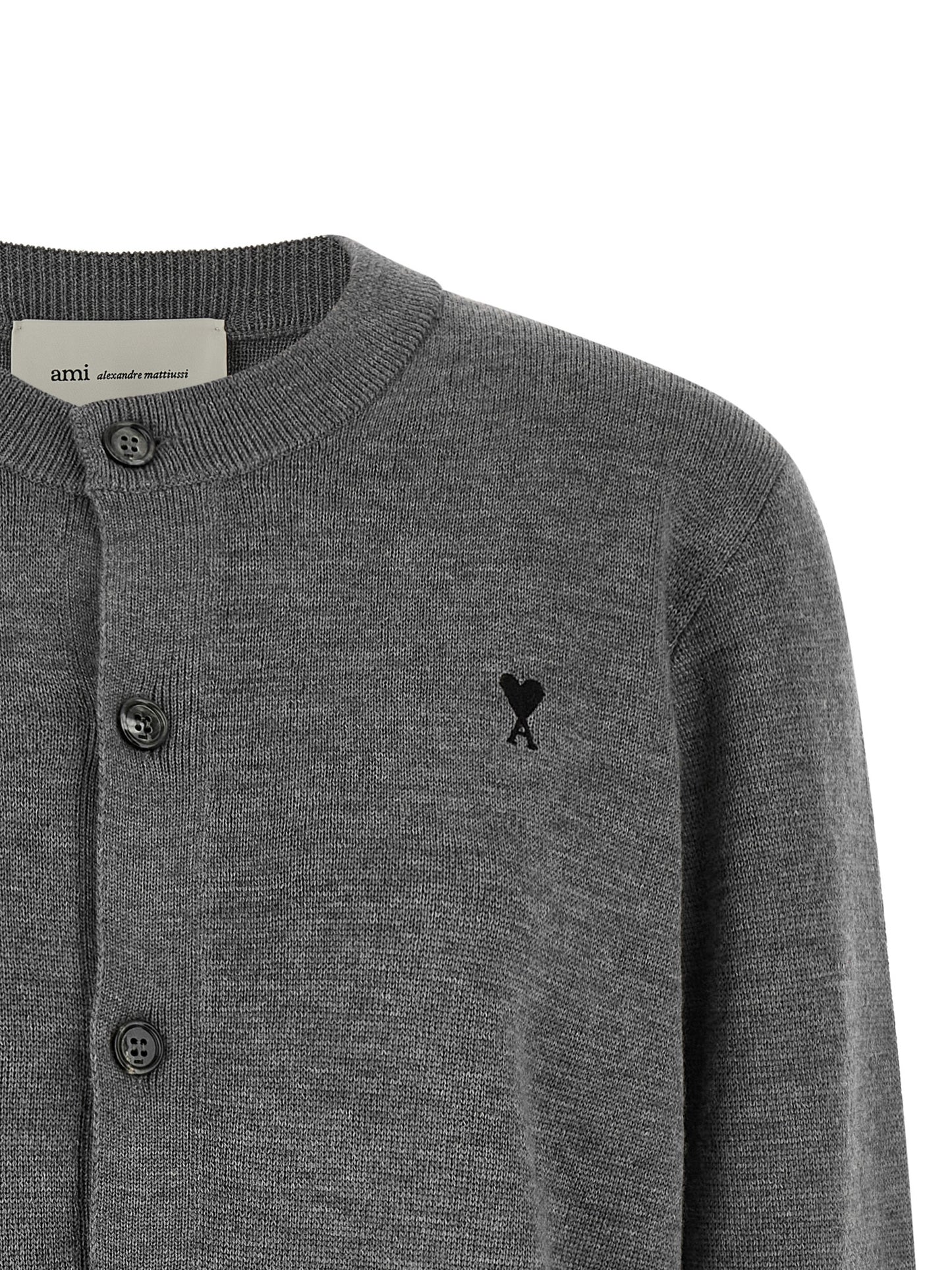 Cardigan by Ami Paris for women in wool black, gray & patterned features an impeccable silhouette, showcasing a sophisticated crew neckline and detail for a truly impeccable finish.