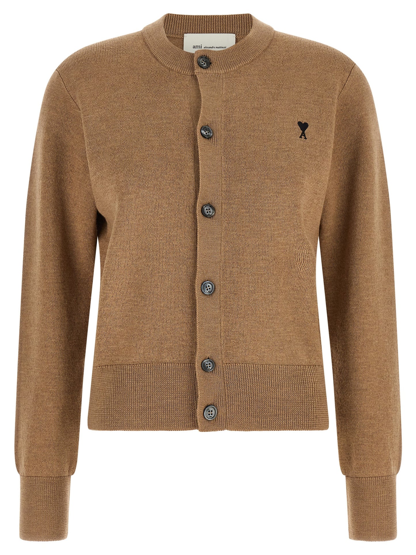 Cardigan by Ami Paris for women in wool beige, camel & horn showcases a luxurious silhouette, meticulously detailed with a sophisticated crew neckline and for a refined finish.