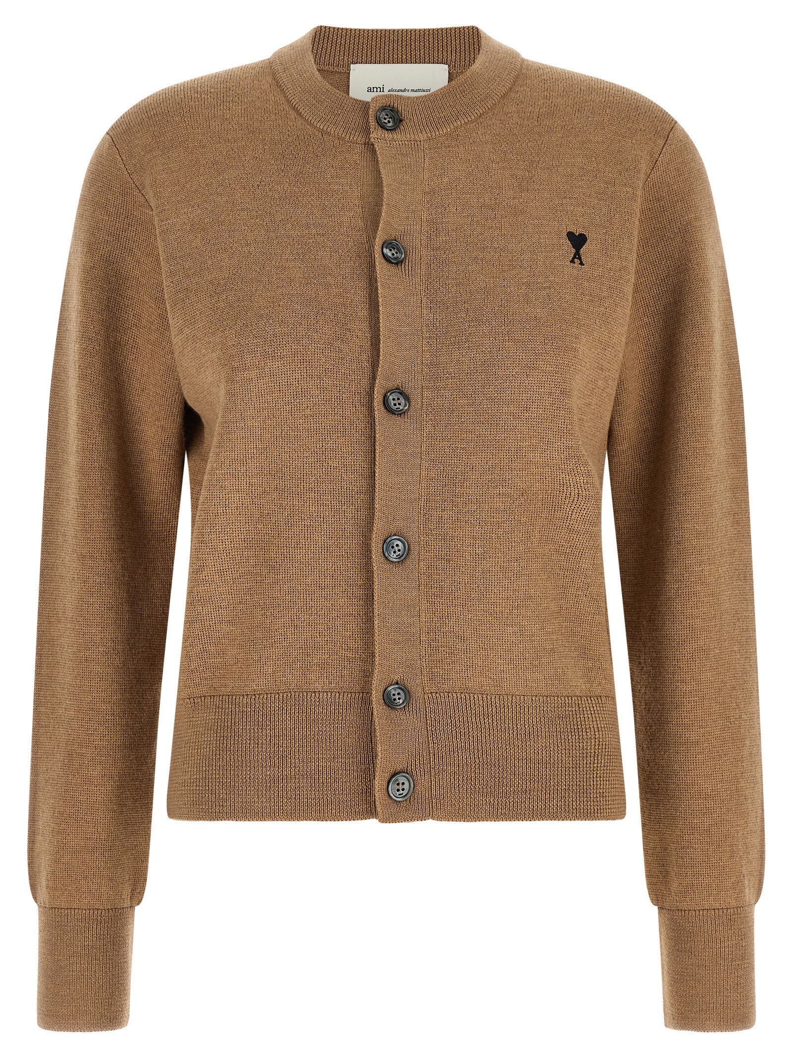 Cardigan by Ami Paris for women in wool beige, camel & horn showcases a luxurious silhouette, meticulously detailed with a sophisticated crew neckline and for a refined finish.