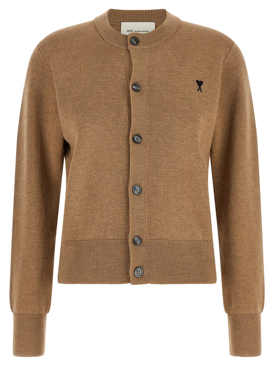 Cardigan by Ami Paris for women in wool beige, camel & horn showcases a luxurious silhouette, meticulously detailed with a sophisticated crew neckline and for a refined finish.