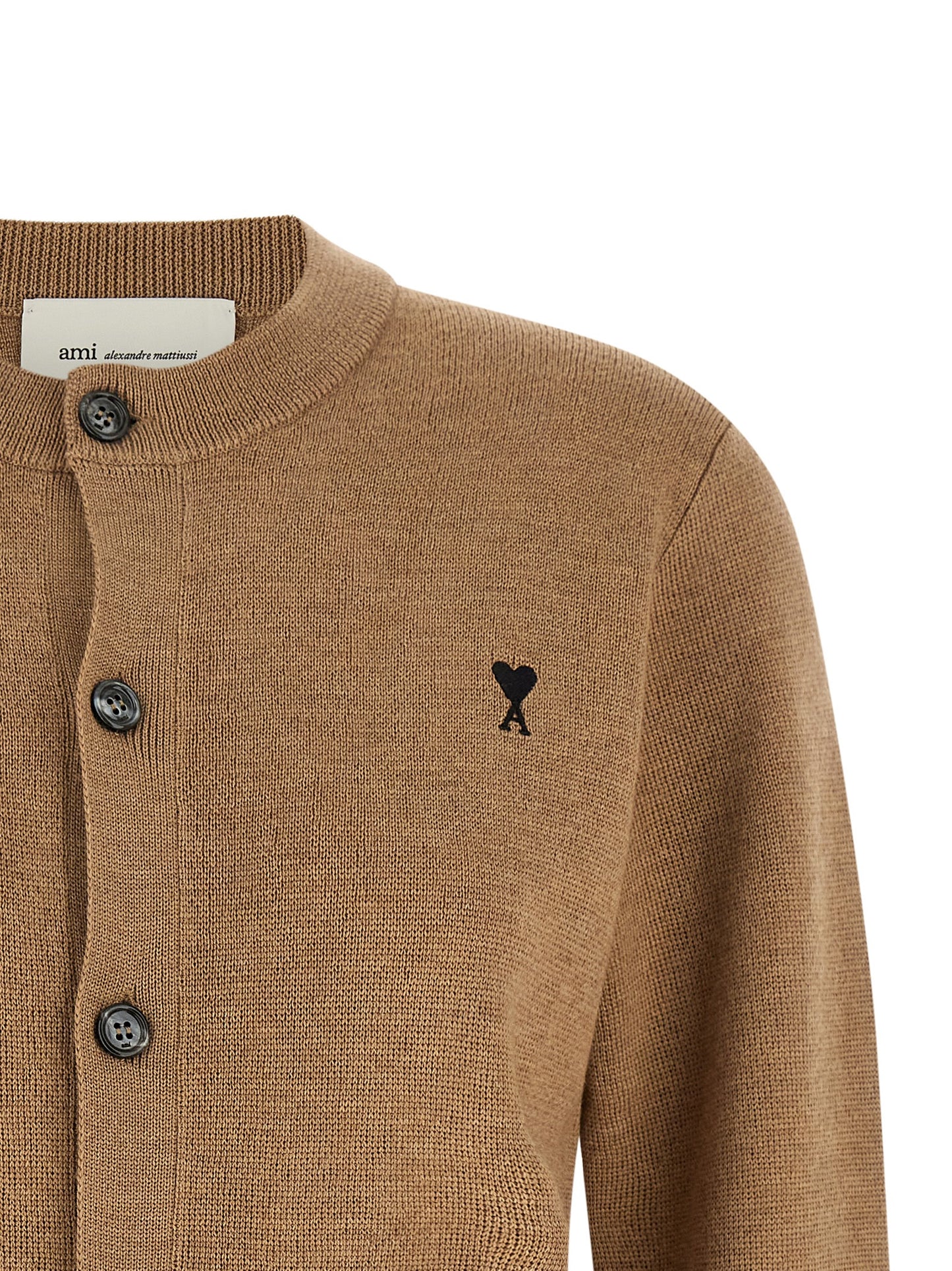 Cardigan by Ami Paris for women in wool beige, camel & horn features a dramatic silhouette, showcasing a sophisticated crew neckline and dramatic detail for a timeless, premium look.