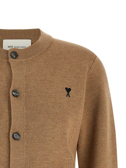 Cardigan by Ami Paris for women in wool beige, camel & horn features a dramatic silhouette, showcasing a sophisticated crew neckline and dramatic detail for a timeless, premium look.