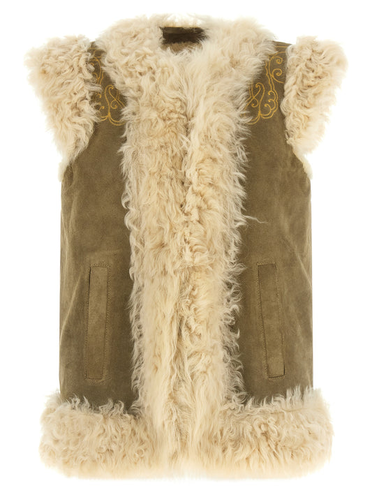 Vest by Etro for women in suede lamb leather & lamb shearling beige, cream, olive, paisley & signature features an on trend silhouette, showcasing a sophisticated and premium pockets for a truly on trend finish.