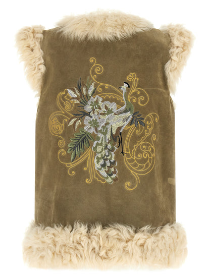 Vest by Etro for women in suede lamb leather & shearling beige, cream, olive & paisley showcases a dynamic silhouette, perfectly balancing pockets with a dynamic for a sophisticated, high-fashion look.