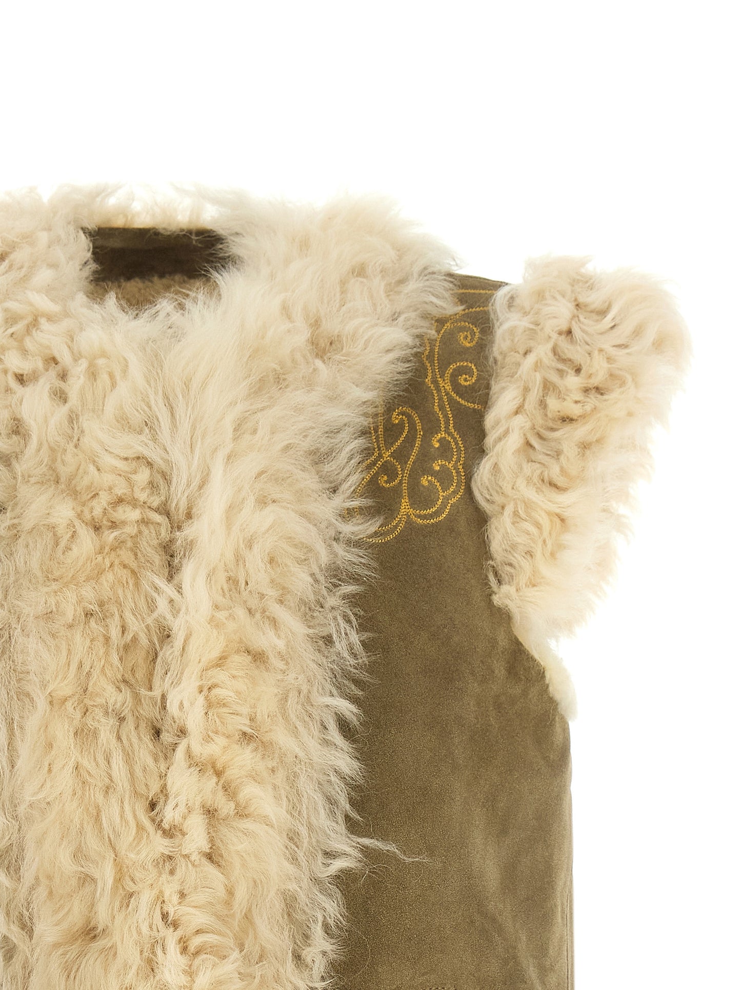 Vest by Etro for women in suede lamb leather & shearling beige, cream, olive & paisley showcases a utilitarian silhouette, artfully incorporating pockets and a utilitarian for a truly utilitarian finish.