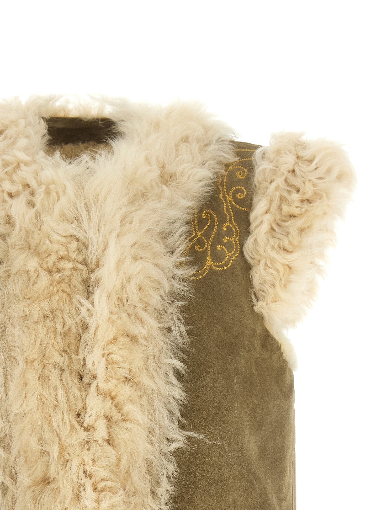 Vest by Etro for women in suede lamb leather & shearling beige, cream, olive & paisley showcases a utilitarian silhouette, artfully incorporating pockets and a utilitarian for a truly utilitarian finish.