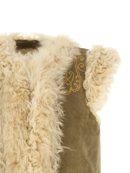 Vest by Etro for women in suede lamb leather & shearling beige, cream, olive & paisley showcases a utilitarian silhouette, artfully incorporating pockets and a utilitarian for a truly utilitarian finish.