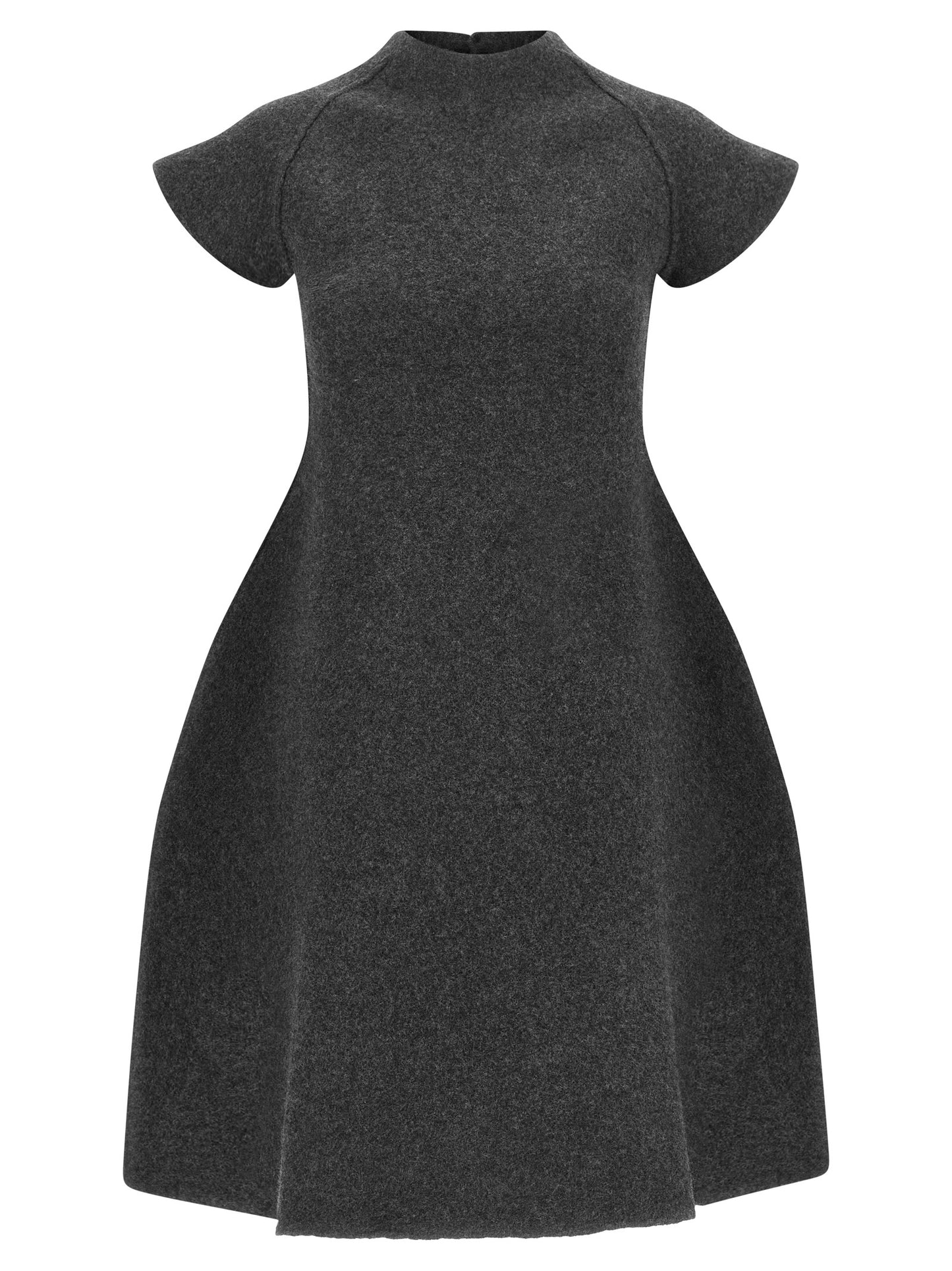 Dress by Jil Sander for women in virgin wool gray features a dramatic silhouette, showcasing an elegant mock neckline and that flows into a dramatic midi short.