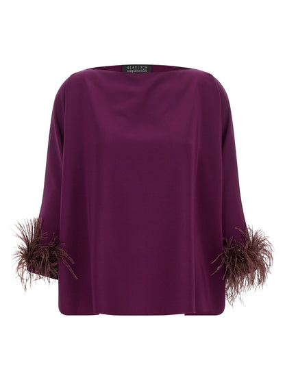 Blouse by Gianluca Capannolo for women in polyamide viscose natural, plum & purple features an polished silhouette, showcasing a sophisticated boat neckline and three-quarter-sleeve detail for a truly polished finish.