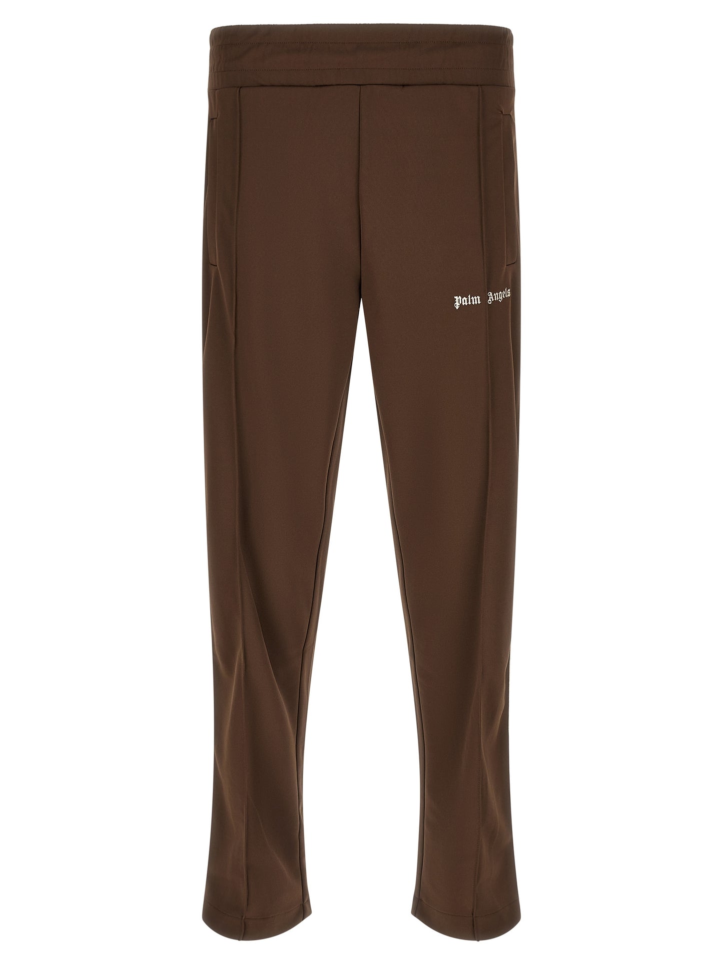Joggers by Palm Angels for men in acetate & polyester brown & white features a polished silhouette with a polished straight-leg, reaching a polished long and finished with a polished .
