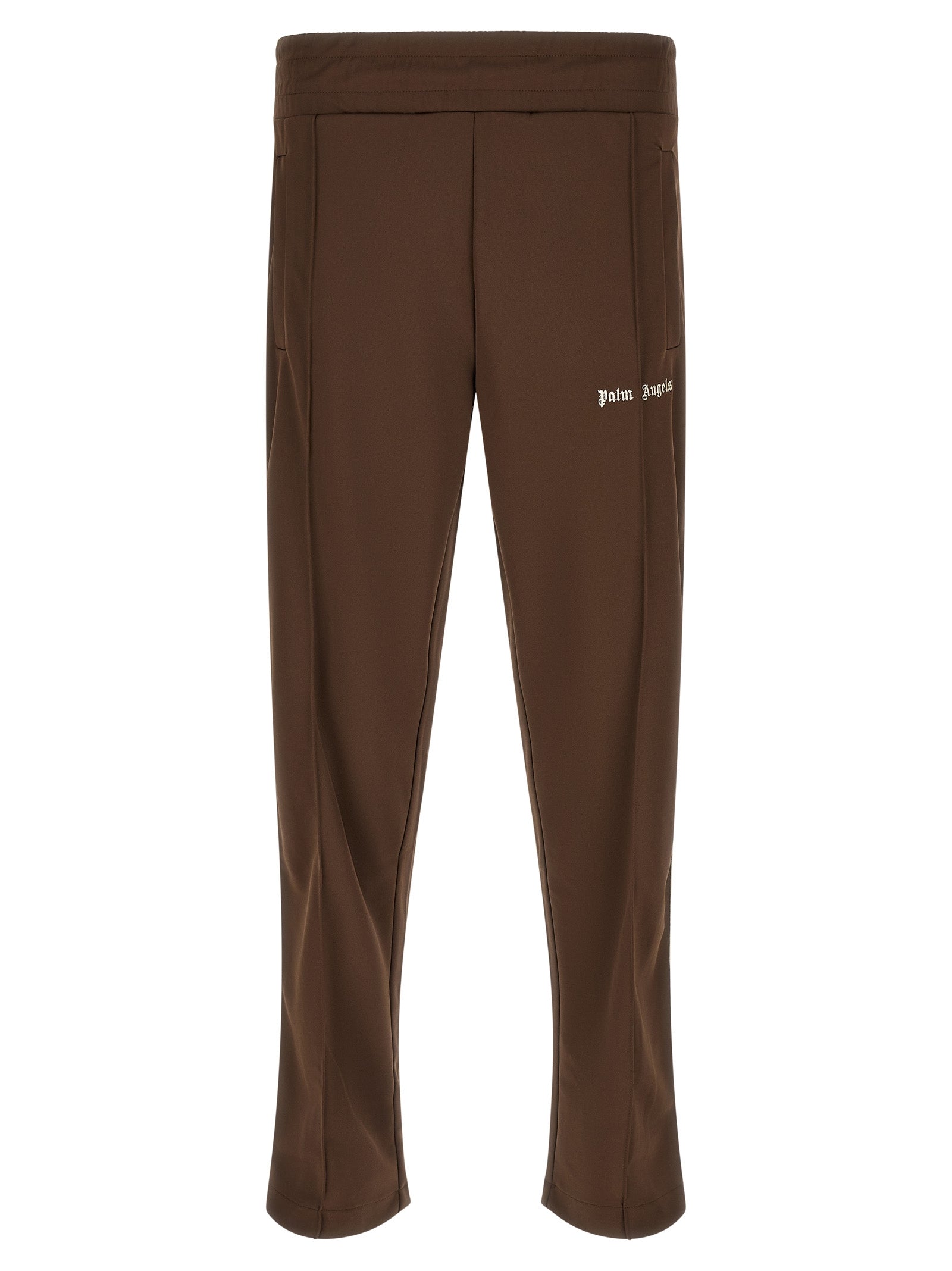 Joggers by Palm Angels for men in acetate & polyester brown & white features a polished silhouette with a polished straight-leg, reaching a polished long and finished with a polished .