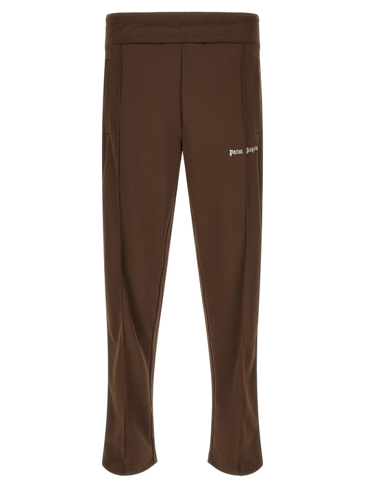 Joggers by Palm Angels for men in acetate & polyester brown & white features a polished silhouette with a polished straight-leg, reaching a polished long and finished with a polished .