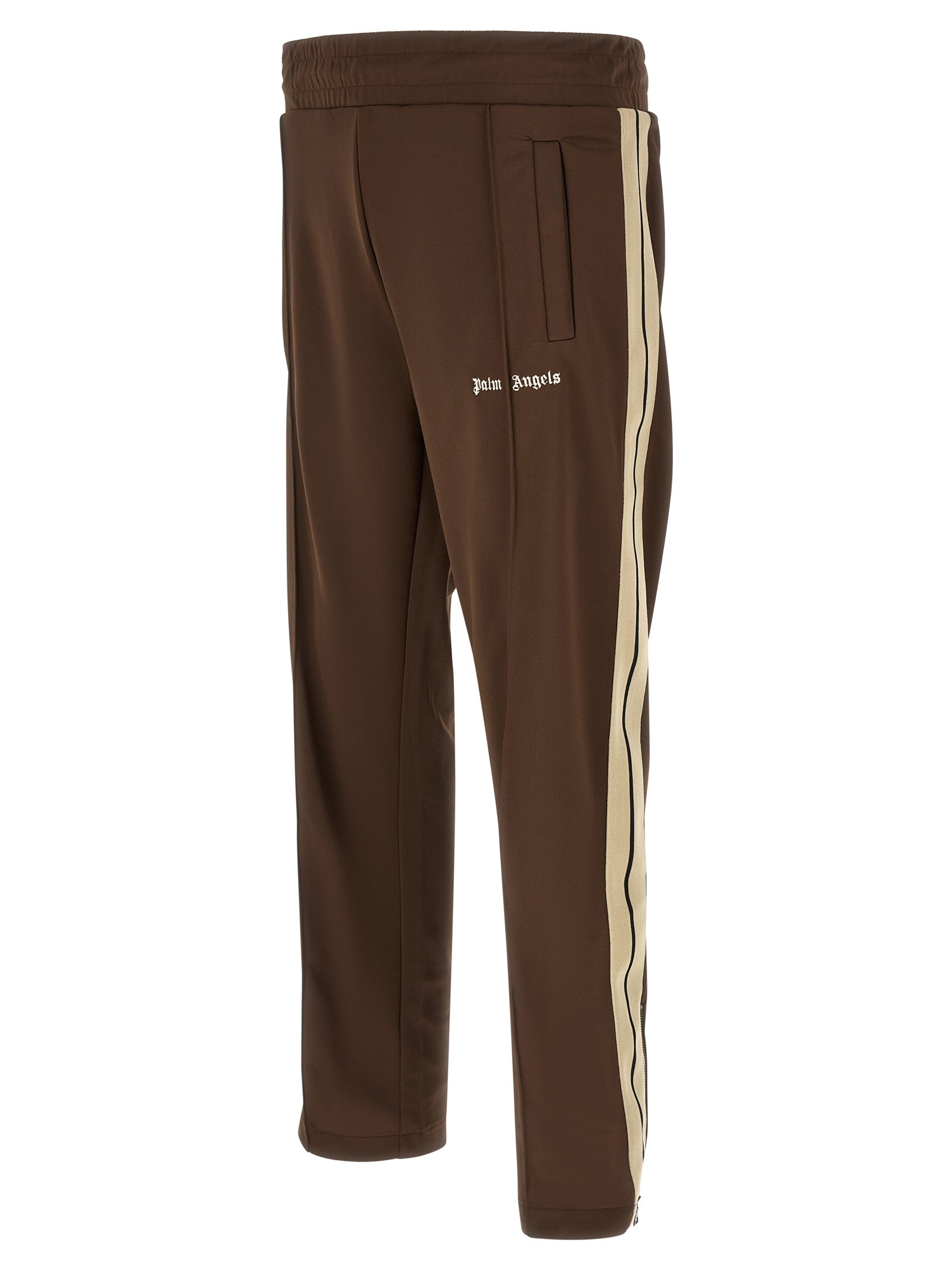 Joggers by Palm Angels for men in acetate & polyester brown & white presents a tailored silhouette, showcasing a tailored straight-leg and long cut with a refined for a truly tailored aesthetic.