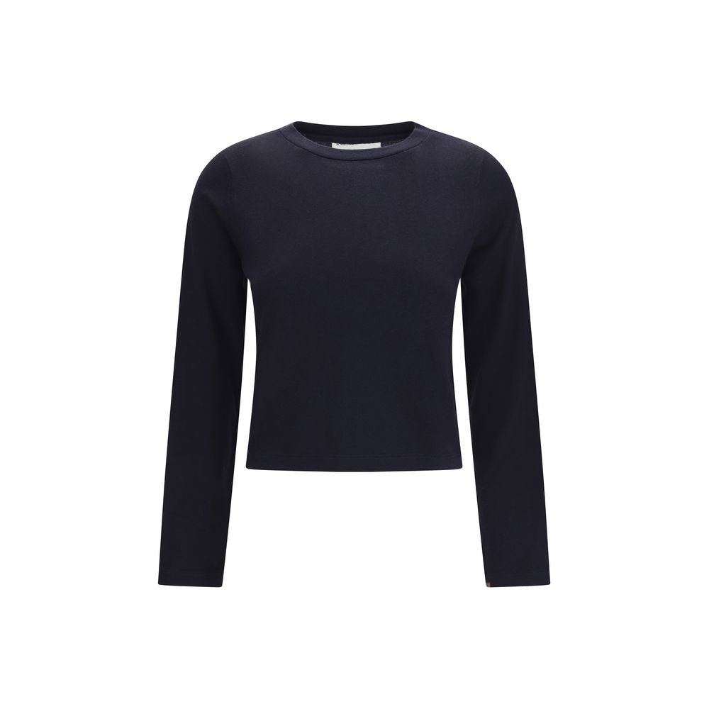 T-Shirt by Extreme Cashmere for women in cashmere cotton & capra leather blue showcases a unassuming silhouette, artfully detailed with a refined crew square neckline and unassuming long-sleeve for a sophisticated, contemporary look.