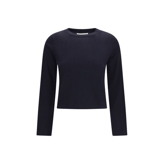 T-Shirt by Extreme Cashmere for women in cashmere cotton & capra leather blue showcases a unassuming silhouette, artfully detailed with a refined crew square neckline and unassuming long-sleeve for a sophisticated, contemporary look.
