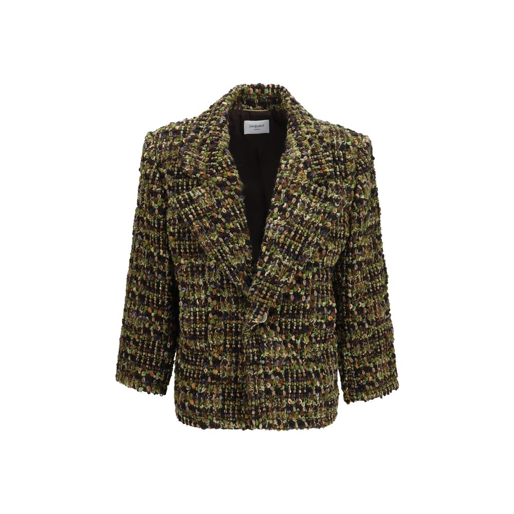 Overcoat by Saint Laurent for women in polyamide & merino wool tweed gold & multicolor showcases a architectural silhouette, artfully detailed with a distinctive and functional pockets & insulated for a architectural finish.