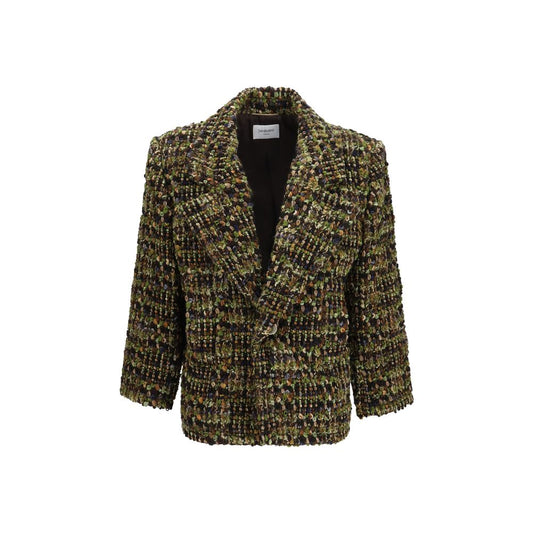 Overcoat by Saint Laurent for women in polyamide & merino wool tweed gold & multicolor showcases a architectural silhouette, artfully detailed with a distinctive and functional pockets & insulated for a architectural finish.