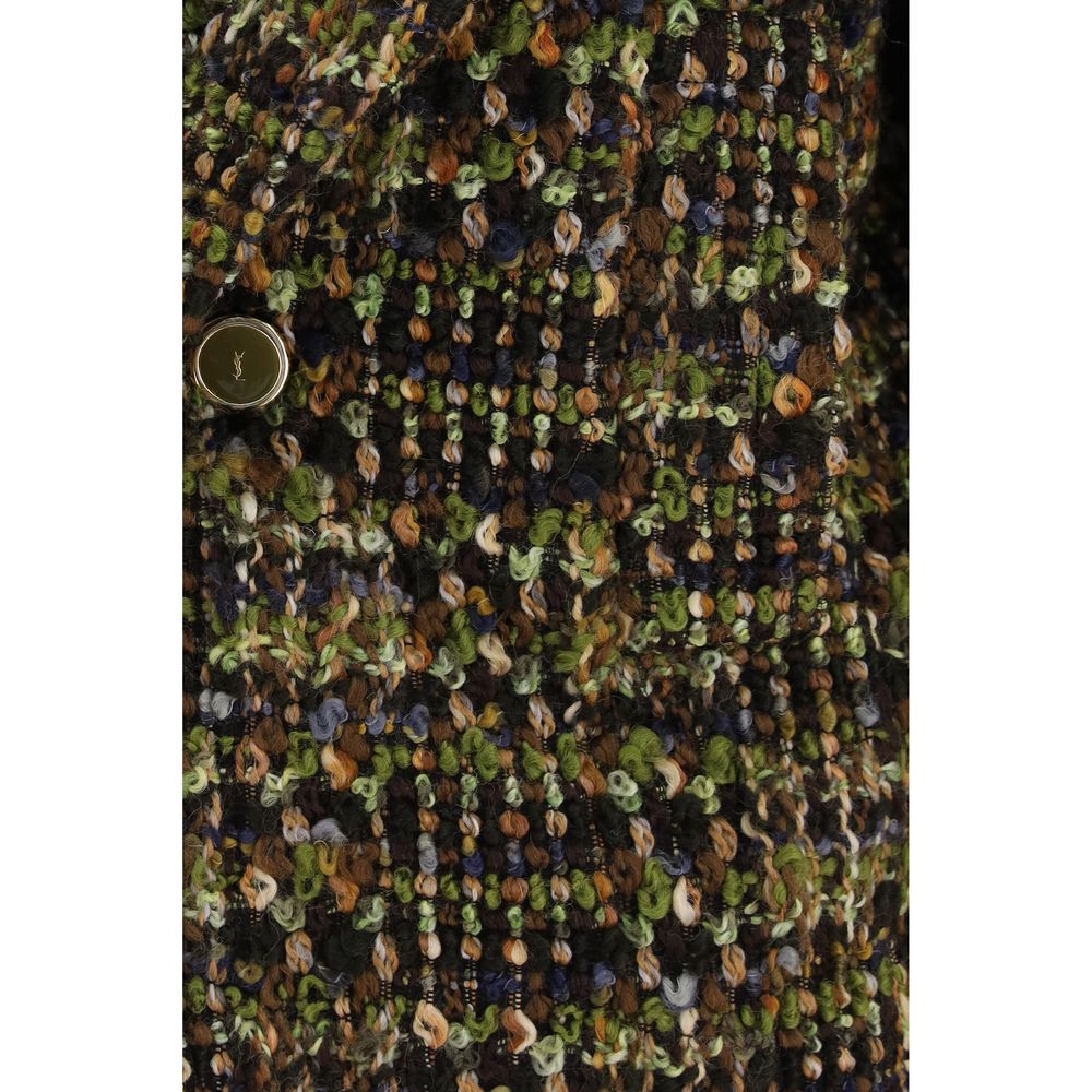 Overcoat by Saint Laurent for women in polyamide & merino wool tweed gold & multicolor presents a luxurious silhouette, showcasing a luxurious and sophisticated pockets & insulated for a premium, luxurious look.