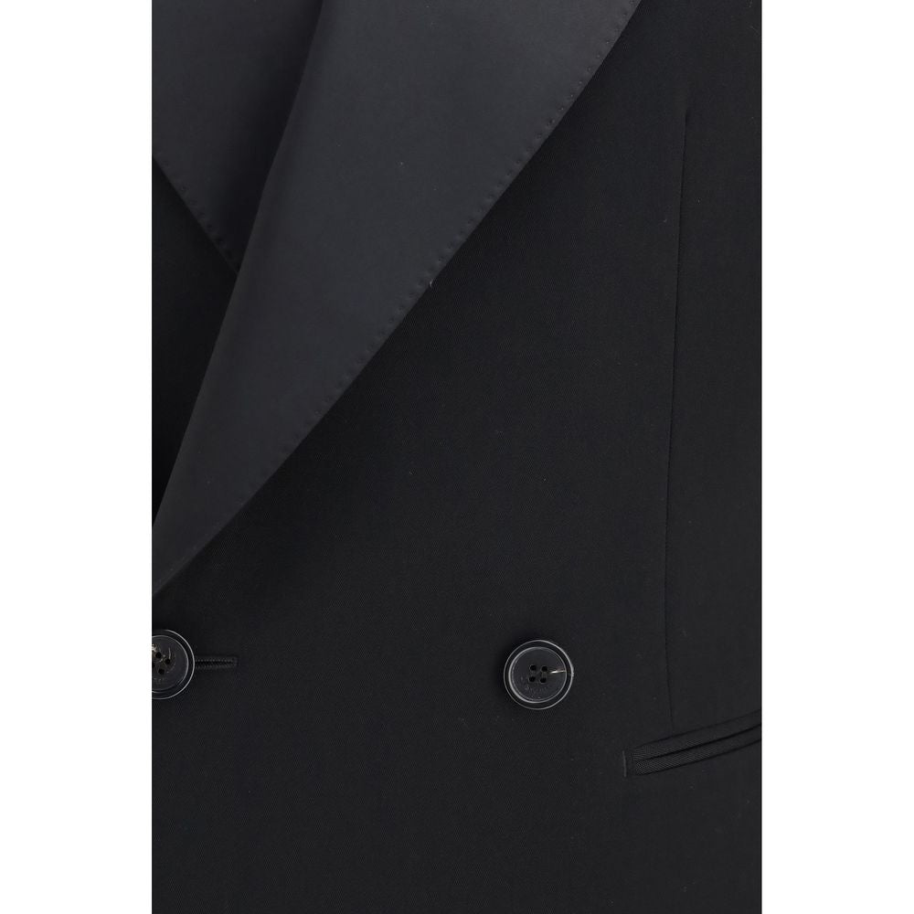 Jacket by Saint Laurent for men in satin wool & leather black & signature features an utilitarian silhouette with a refined , showcasing sophisticated pockets for an utilitarian aesthetic.