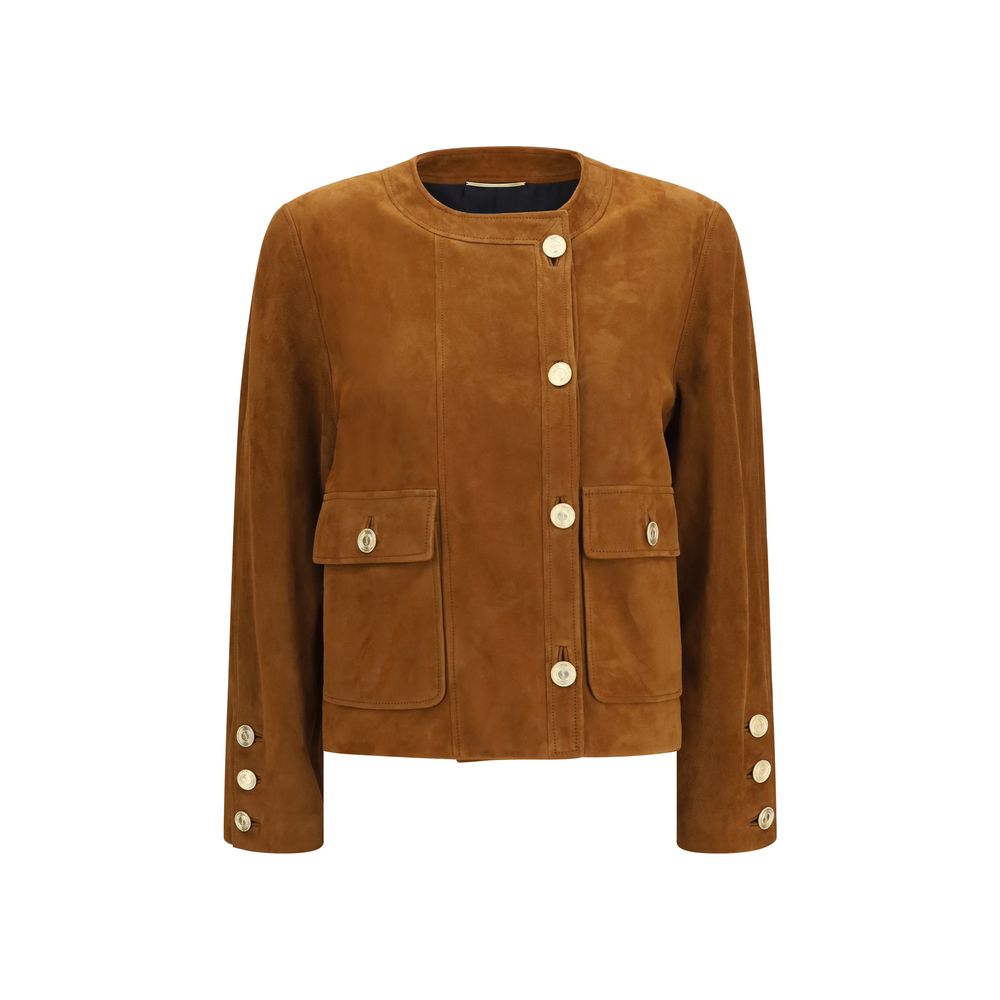 Overcoat by Saint Laurent for women in suede lambskin leather brown showcases a enveloping silhouette, detailed with distinctive pockets and a enveloping round neckline.