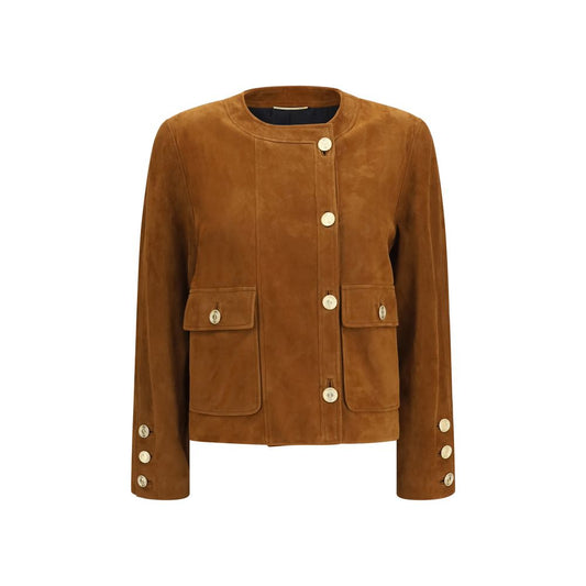 Overcoat by Saint Laurent for women in suede lambskin leather brown showcases a enveloping silhouette, detailed with distinctive pockets and a enveloping round neckline.
