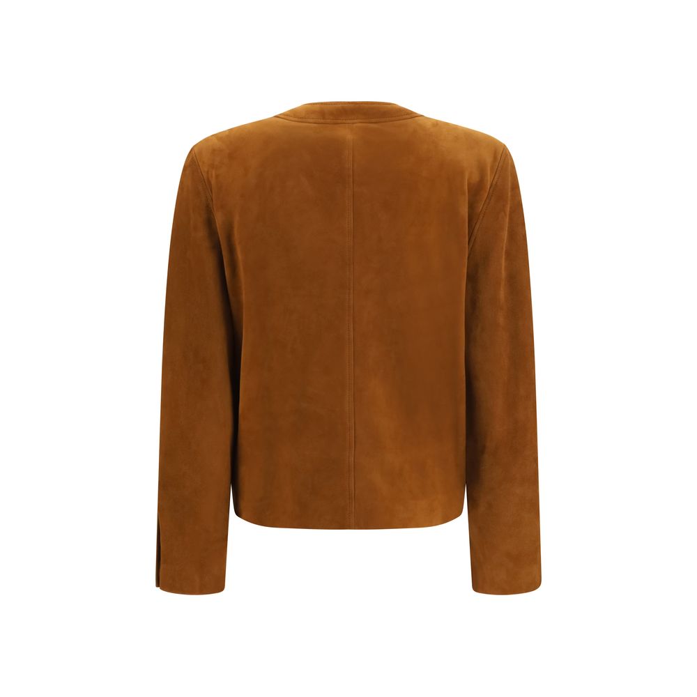 Overcoat by Saint Laurent for women in suede lambskin leather brown presents a luxurious silhouette, showcasing a luxurious round neckline and sophisticated pockets for a premium, luxurious look.