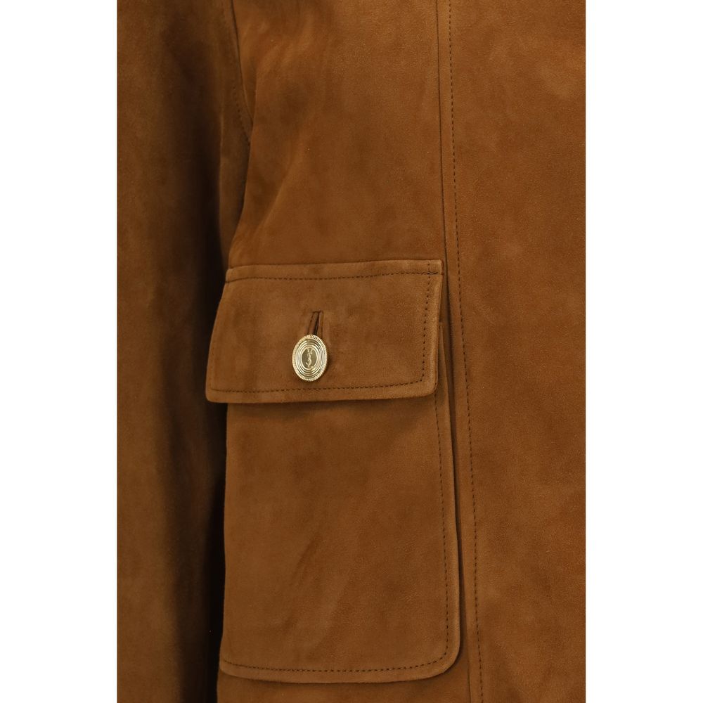 Overcoat by Saint Laurent for women in suede lambskin leather brown features a contemporary silhouette showcasing a contemporary and refined pockets for a sophisticated finish.