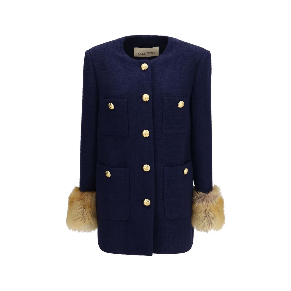 Overcoat by Valentino Garavani for women in wool polyamide tweed blue & gold features a contemporary silhouette showcasing a contemporary round neckline and refined pockets for a sophisticated finish.