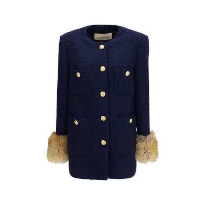 Overcoat by Valentino Garavani for women in wool polyamide tweed blue & gold features a contemporary silhouette showcasing a contemporary round neckline and refined pockets for a sophisticated finish.