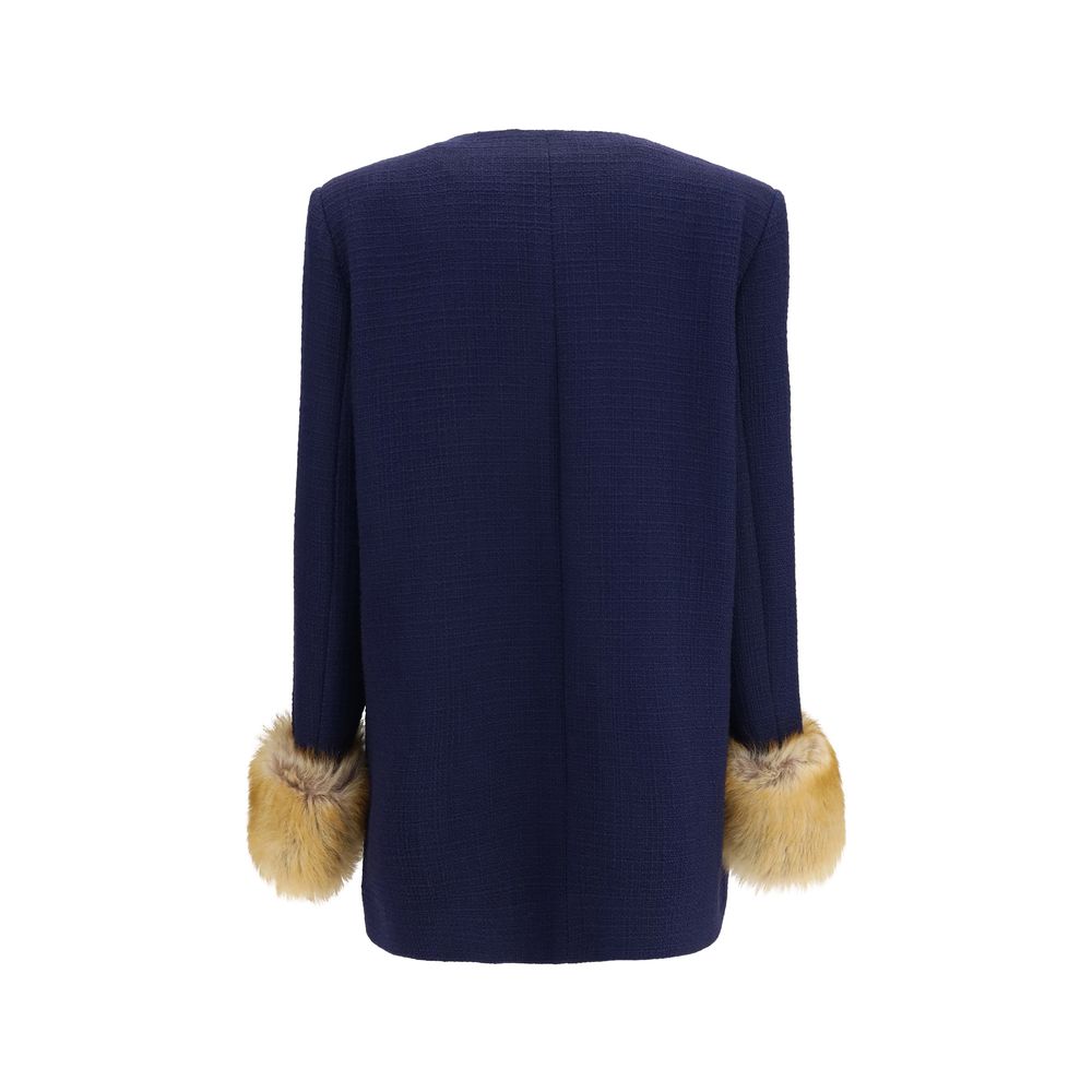 Overcoat by Valentino Garavani for women in wool polyamide tweed blue & gold features an voluminous silhouette, showcasing distinct pockets and a voluminous round neckline for a truly voluminous aesthetic.