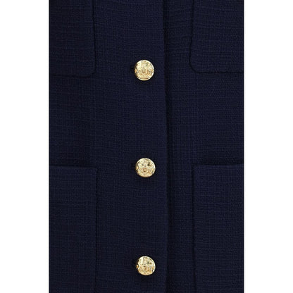 Overcoat by Valentino Garavani for women in wool polyamide tweed blue & gold presents a luxurious silhouette, showcasing a luxurious and sophisticated pockets for a premium, luxurious look.