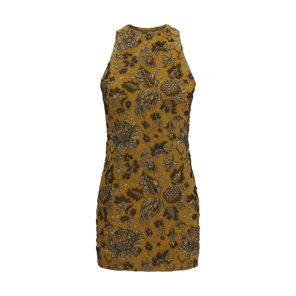 Dress by Saint Laurent for women in polyamide polyester & cupro brown, patterned & floral features an magnificent silhouette, artfully detailed with a magnificent round neckline and sleeveless that flows into an magnificent short mini.
