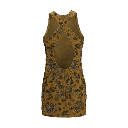 Dress by Saint Laurent for women in polyamide polyester & cupro brown, patterned & floral features an eye catching silhouette with a sophisticated round neckline, elegant , and a refined short mini for a eye catching aesthetic.