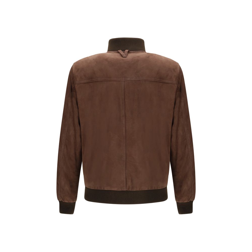 Bomber Jacket by Valstar for men in bos taurus calf suede leather brown showcases a bohemian silhouette, artfully detailed with a bohemian high-collar neckline and signature pockets for a truly bohemian finish.
