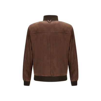 Bomber Jacket by Valstar for men in bos taurus calf suede leather brown showcases a bohemian silhouette, artfully detailed with a bohemian high-collar neckline and signature pockets for a truly bohemian finish.