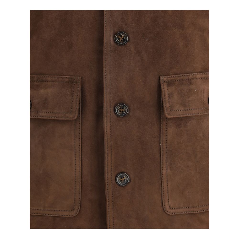 Bomber Jacket by Valstar for men in bos taurus calf suede leather brown features a city-ready silhouette, detailed with pockets and a city-ready high-collar neckline.