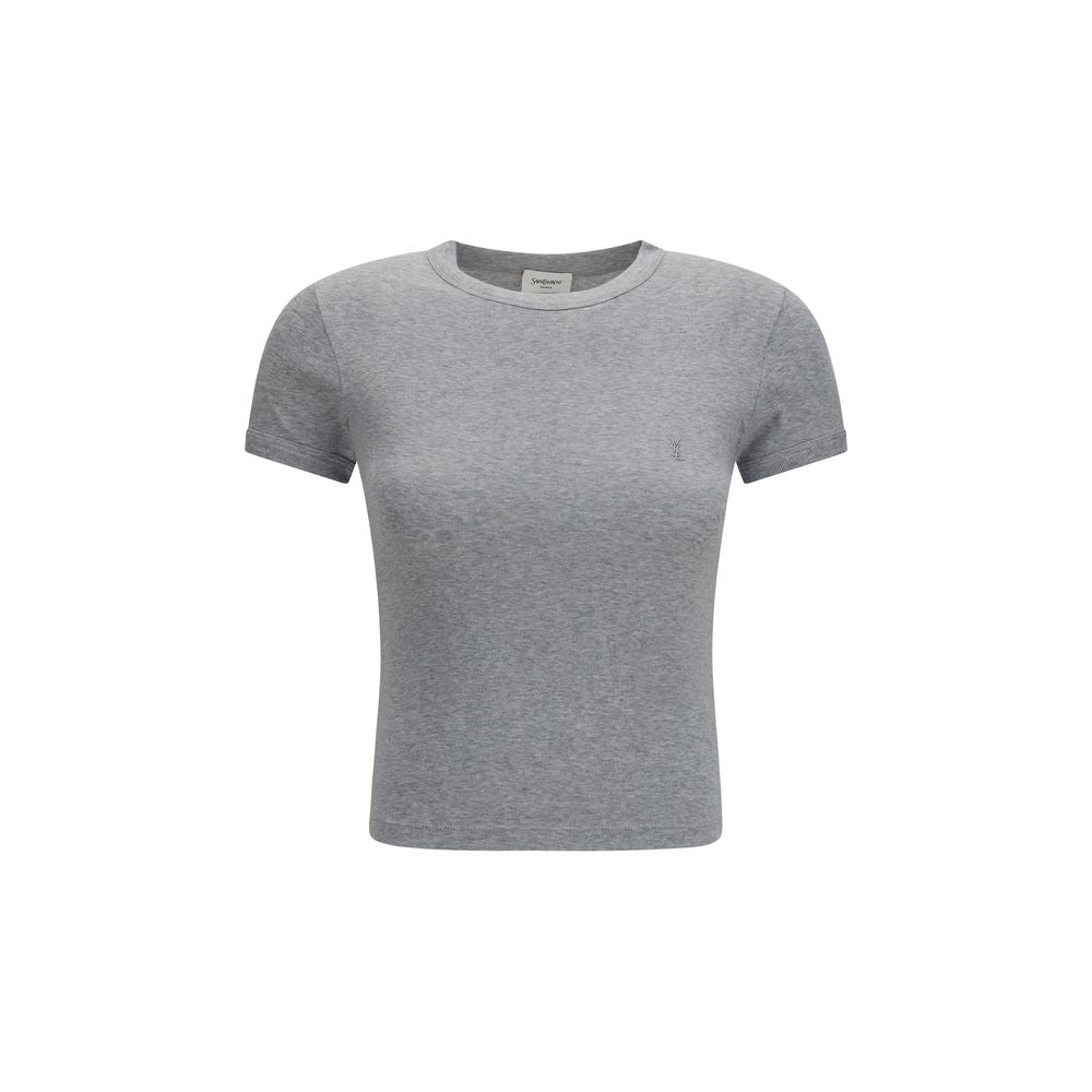 T-Shirt by Saint Laurent for women in cotton gray & signature showcases a unassuming silhouette, artfully detailed with a refined crew neckline and unassuming for a sophisticated, contemporary look.