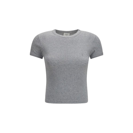 T-Shirt by Saint Laurent for women in cotton gray & signature showcases a unassuming silhouette, artfully detailed with a refined crew neckline and unassuming for a sophisticated, contemporary look.