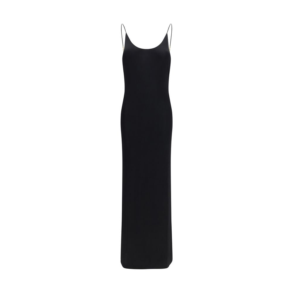 Dress by Saint Laurent for women in stretch viscose black showcases a striking silhouette, elegantly detailed with a sleeveless, refined wide-neck neckline, and a striking maxi long for a striking finish.