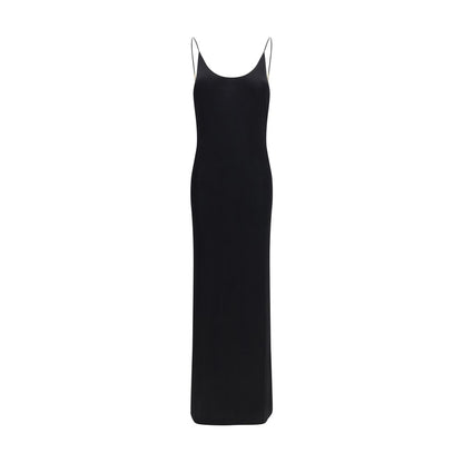 Dress by Saint Laurent for women in stretch viscose black showcases a striking silhouette, elegantly detailed with a sleeveless, refined wide-neck neckline, and a striking maxi long for a striking finish.