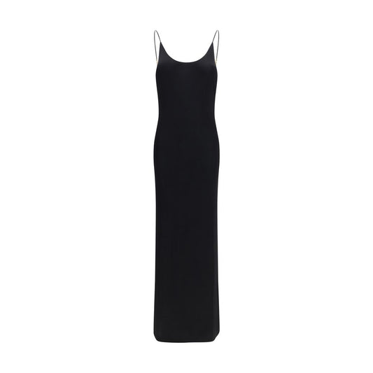 Dress by Saint Laurent for women in stretch viscose black showcases a striking silhouette, elegantly detailed with a sleeveless, refined wide-neck neckline, and a striking maxi long for a striking finish.