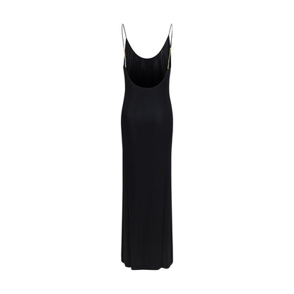 Dress by Saint Laurent for women in stretch viscose black features an sultry silhouette defined by a wide-neck neckline and , falling to an sultry maxi long for a sultry look.