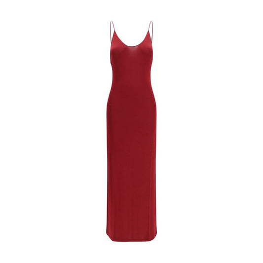Dress by Saint Laurent for women in stretch viscose bordeaux features a dramatic silhouette, showcasing an elegant wide-neck neckline and sleeveless that flows into a dramatic maxi long.
