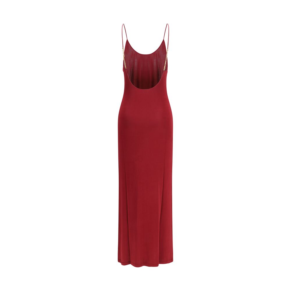 Dress by Saint Laurent for women in stretch viscose bordeaux showcases a striking silhouette, elegantly detailed with a , refined wide-neck neckline, and a striking maxi long for a striking finish.
