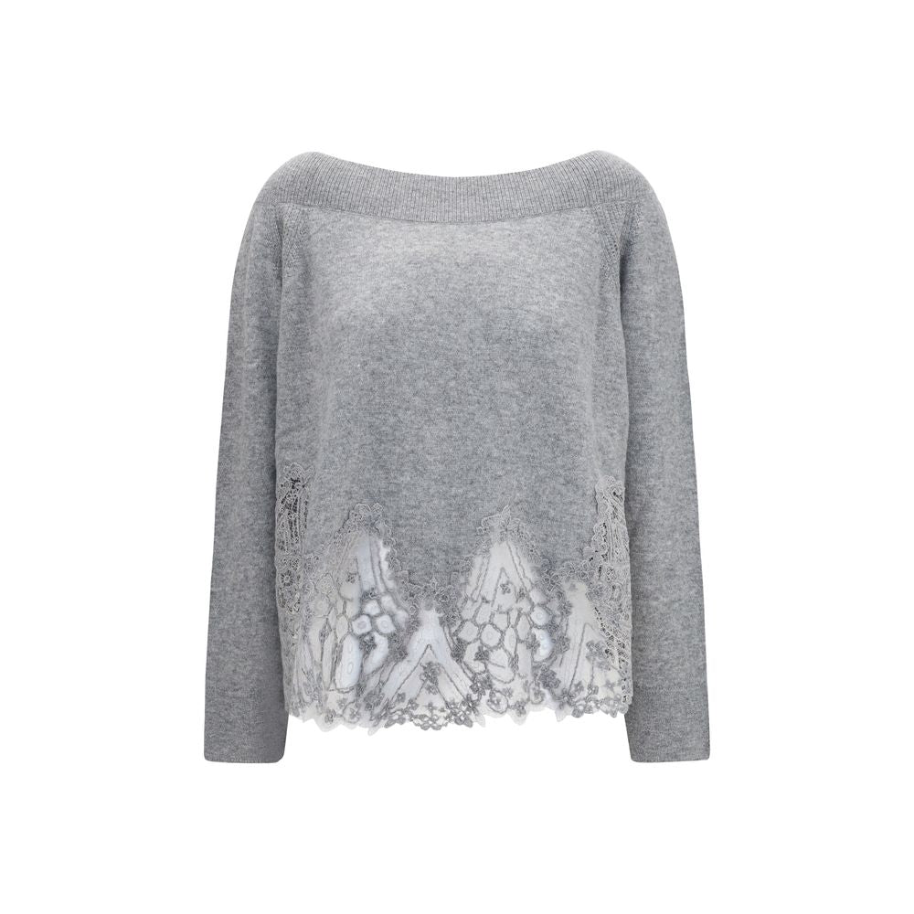 Sweater by Ermanno Scervino for women in cashmere & capra leather gray features an tactile silhouette, showcasing a sophisticated boat neckline and tactile long-sleeve for a refined finish.