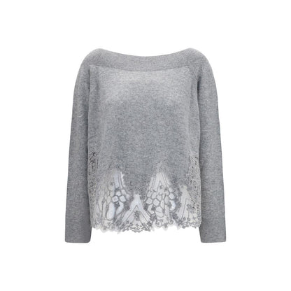Sweater by Ermanno Scervino for women in cashmere & capra leather gray features an tactile silhouette, showcasing a sophisticated boat neckline and tactile long-sleeve for a refined finish.