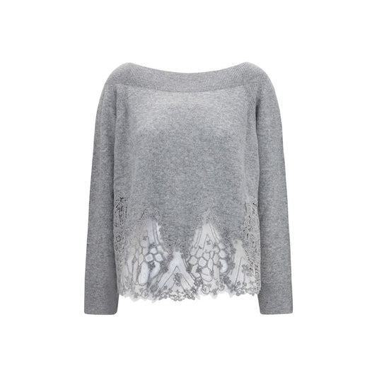 Sweater by Ermanno Scervino for women in cashmere & capra leather gray features an tactile silhouette, showcasing a sophisticated boat neckline and tactile long-sleeve for a refined finish.